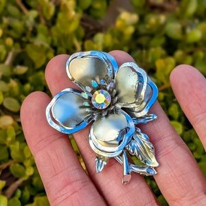 Vintage 1950's Silver Flower Brooch with Faceted AB Swarovski Crystal Unsigned